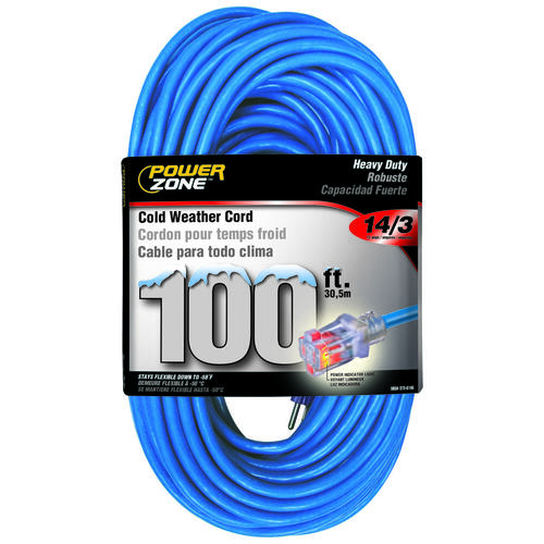 Extension Cord, 14 AWG Cable, 5-15P Grounded Plug, 5-15R Grounded Receptacle, 100 ft L, 13 A, 125 V