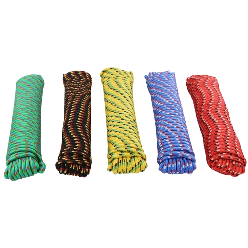 Rope, 3/8 in Dia, 100 ft L, 244 lb Working Load, Polypropylene, Black/Blue/Green/Red/Yellow