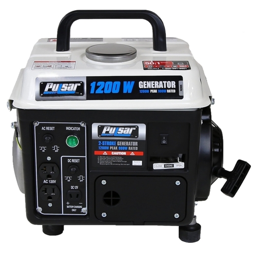 PULSAR PG1202SA Generator, 4 A, 120 VAC/12 VDC, Non-Leaded Gasoline/Oil Mixture, 1.1 gal Tank, 9 hr Run Time