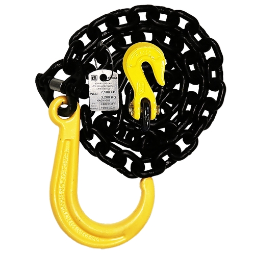 Chain Assembly with J-Hook, 3/8 in, 10 ft L, 7100 lb Working Load, 80 Grade, Carbon Alloy Steel