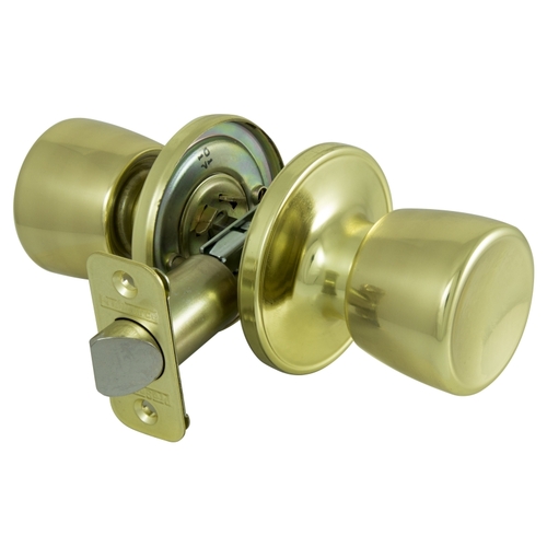 Knob Lockset, Knob Handle, Metal, Polished Brass, 2-3/8 to 2-3/4 in Backset, 44 x 57 mm Strike