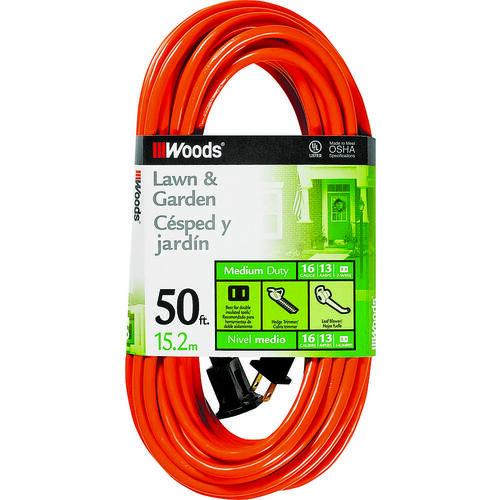 Extension Cord, 16 AWG Cable, 50 ft L, 13 A, 125 V, Orange