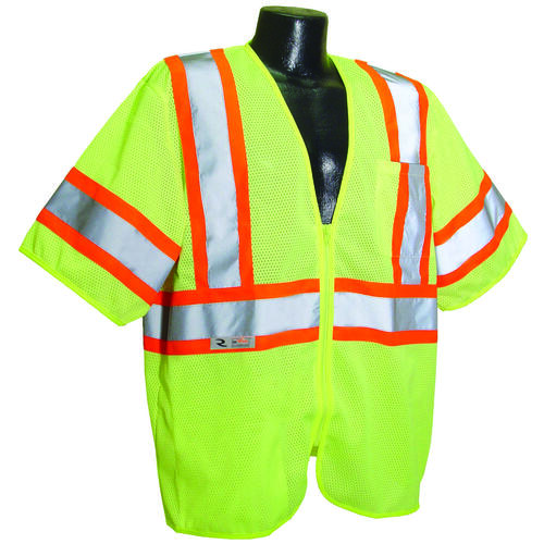 Economical Safety Vest, XL, Polyester, Green/Silver, Zipper Closure