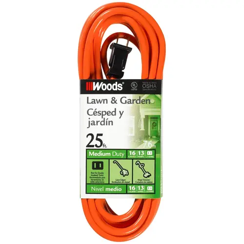 Woods 0722 Extension Cord, 16 AWG Cable, 25 ft L, 13 A, 125 V, Orange