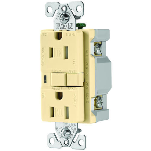 AFCI Receptacle, 2 -Pole, 15 A, 125 V, Back, Side Wiring, NEMA: 5-15R, Ivory