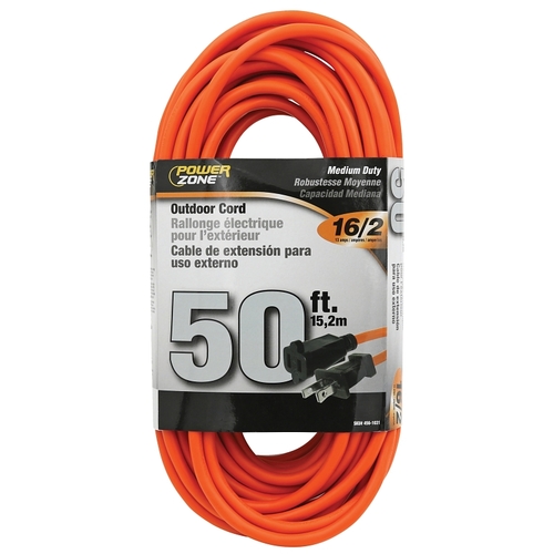 Outdoor Extension Cord, 16 AWG Wire, 50 ft L, Orange Sheath