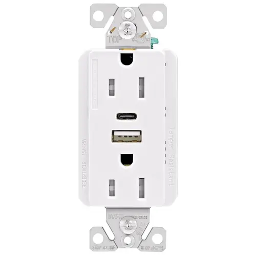 TRUSBAC15 TRUSBAC15W-K-L Receptacle, 2 -Pole, 5 A, 125 VAC, 2 -USB Port, Type A, C USB, White