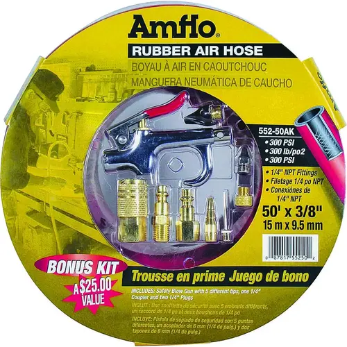 Amflo 552-50AK-5 Air Hose Kit, 3/8 in OD, 50 ft L, MNPT, 300 psi Pressure, Rubber, Red