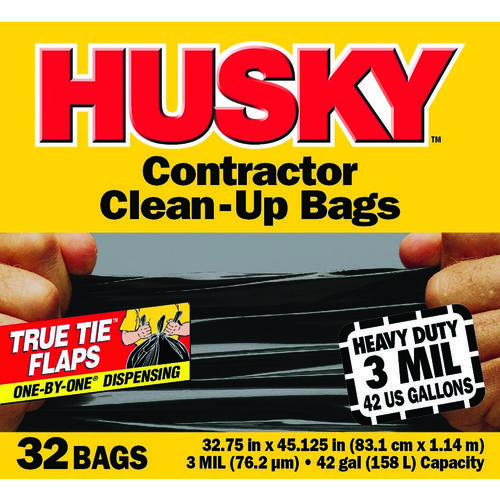 Husky HC42WC032B Clean-Up Trash Bag, 42 gal Capacity, Polyethylene Resin, Black - pack of 32