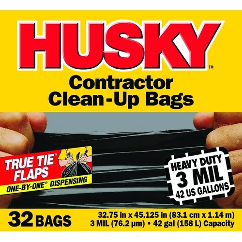 Husky HC42WC032B Clean-Up Trash Bag, 42 gal Capacity, Polyethylene Resin, Black - pack of 32