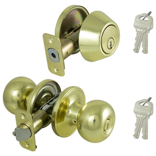 Deadbolt and Entry Lockset, 3 Grade, Ball Handle, Keyed Alike Key, Brass, Polished Brass - pack of 2