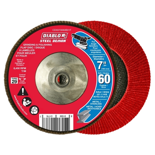 Diablo CDX070060B01F Flap Disc, 7 in Dia, 5/8 in Arbor, 60 Grit, Zirconium Abrasive