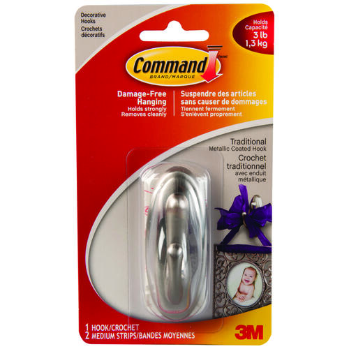 Command 17051BN-C Decorative Hook, 3 lb, 1-Hook, Plastic, Brushed Nickel