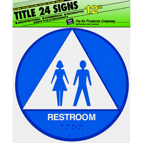 Graphic Sign, Round, Triangle, REST ROOM, White Legend, Blue/White Background, Plastic