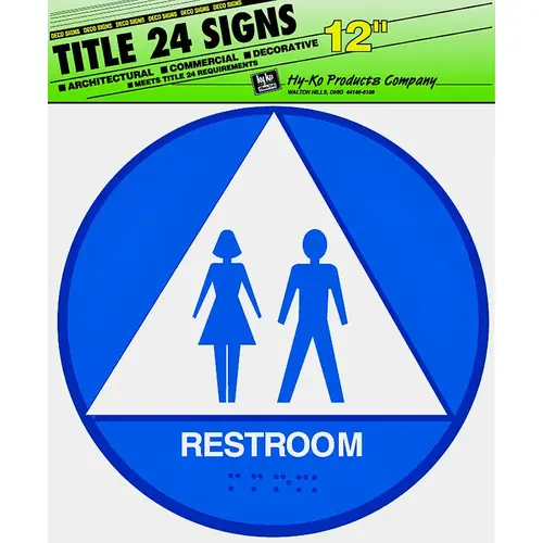 Graphic Sign, Round, Triangle, REST ROOM, White Legend, Blue/White Background, Plastic - pack of 3