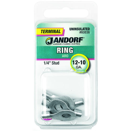 Jandorf 60836 Ring Terminal, 12 to 10 AWG Wire, 1/4 in Stud, Copper Contact - pack of 5