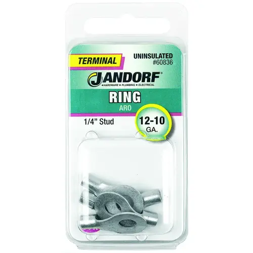 Ring Terminal, 12 to 10 AWG Wire, 1/4 in Stud, Copper Contact - pack of 5