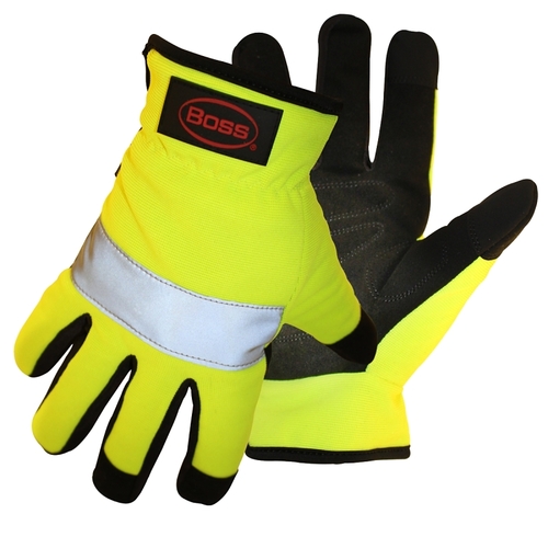 High-Visibility, Reflective Mechanic Gloves, M, Open Cuff, Synthetic Leather