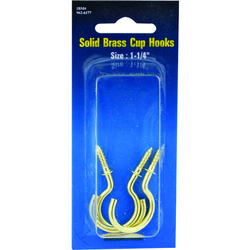 Cup Hook, 5/32 in Thread, 46 mm L, Brass, Brass Plated - pack of 3