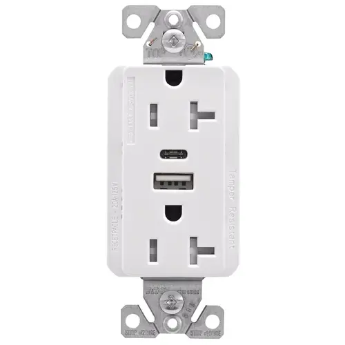 TRUSBAC20 TRUSBAC20W-K-L Receptacle, 2 -Pole, 5 A, 125 VAC, 2 -USB Port, Type A, C USB, White