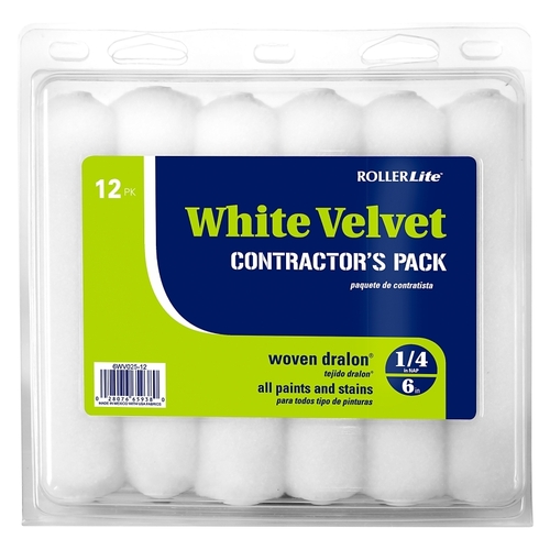 RollerLite 6WV025-12 White Velvet Mini Roller Cover, 1/4 in Thick Nap, 6 in L, Woven Fabric Cover, White - pack of 12