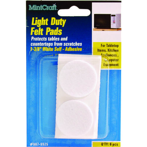 Furniture Pad, Felt Cloth, White, 1-3/8 in Dia, 5/64 in Thick, Round - pack of 6