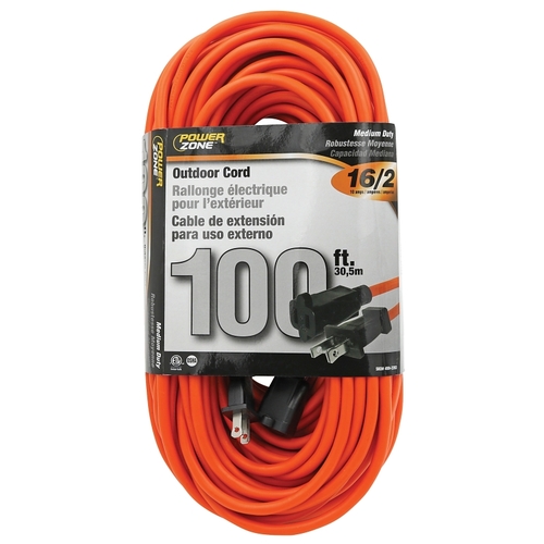 Outdoor Extension Cord, 16 AWG Wire, 100 ft L, Orange Sheath