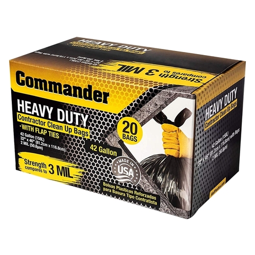 Commander Heavy-Duty Contractor Clean-Up Bag, 42 gal Capacity, Polyethylene, Black - pack of 20