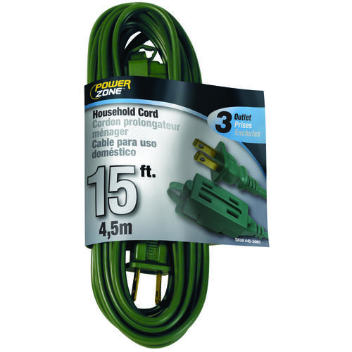 Extension Cord, 16 AWG Cable, 15 ft L, 13 A, 125 V, Green