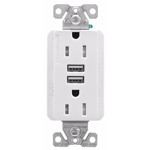 TRUSB5A15 Receptacle, 2 -Pole, 5 A, 125 VAC, 2 -USB Port, Type A USB, White