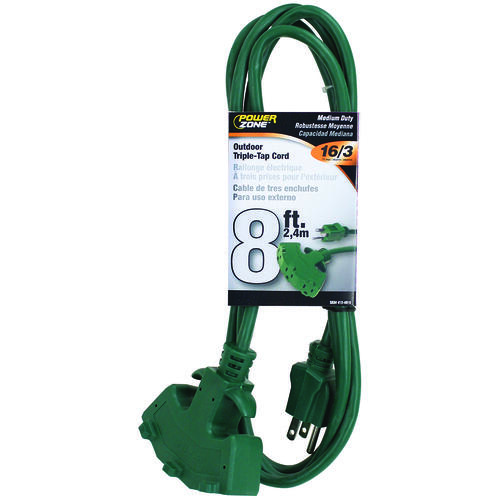 Extension Cord, 16 AWG Cable, 8 ft L, 5-15P Grounded Plug Plug, 3 -Socket, 13 A, 125 V, Green