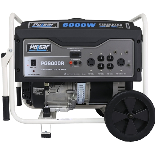 PULSAR PG6000R Portable Generator, 42/21 A, 120/240 V, Gasoline, 5.2 gal Tank, 11.5 hr Run Time, Recoil Start