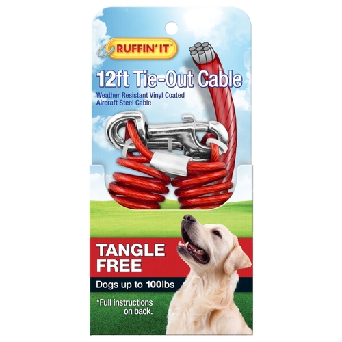 29712 Tie-Out Cable, Tangle-Free, Swivel Snap End, 12 ft L Belt/Cable, Steel, Red