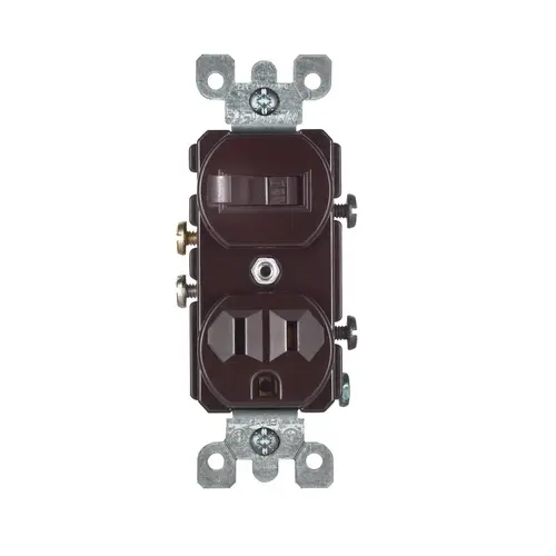 Combination Switch/Receptacle, 1 -Pole, 15 A, 120 V Switch, 125 V Receptacle, Brown