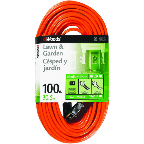 Extension Cord, 16 AWG Cable, 100 ft L, 10 A, 125 VAC, Orange