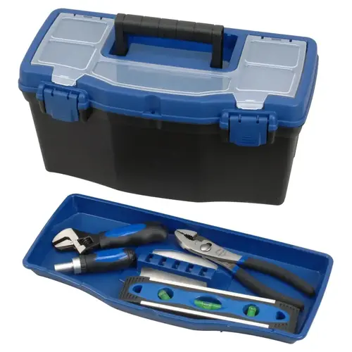 Tool Box, 15 in L x 7 in W x 5-1/4 in H, Plastic, Black/Blue, 16 in L x 8-1/4 in W x 7-3/4 in H Outside