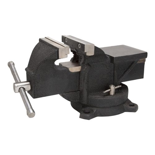 Bench Vise, 6 in Jaw Opening, 1/2 in W Jaw, 3 in D Throat, Cast Iron Steel, Serrated Jaw Black