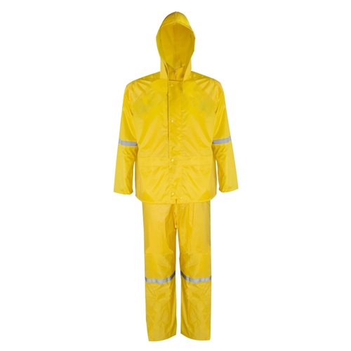 Rain Suit, M, 41 in Inseam, Polyester, Yellow, Concealed Collar, Zipper with Storm Flap Closure
