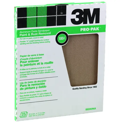 Sandpaper Sheet, 11 in L, 9 in W, Fine, 180 Grit, Aluminum Oxide Abrasive, Cloth Backing Tan - pack of 25