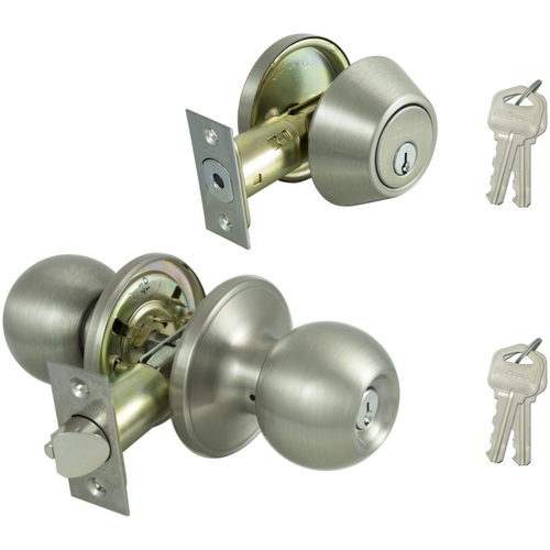 Deadbolt and Entry Lockset, 3 Grade, Saturn Handle, Keyed Alike Key, Stainless Steel, Satin Nickel - pack of 12