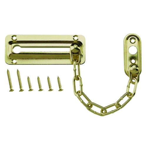 Chain Door Guard, 3-3/8 in L, 2 in W, Steel, Polished Brass