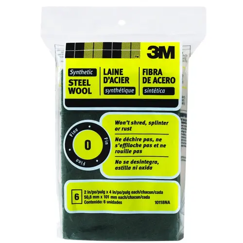 10118 Steel Wool, 4 in L, 2 in W, #0 Grit, Fine, Green - pack of 6