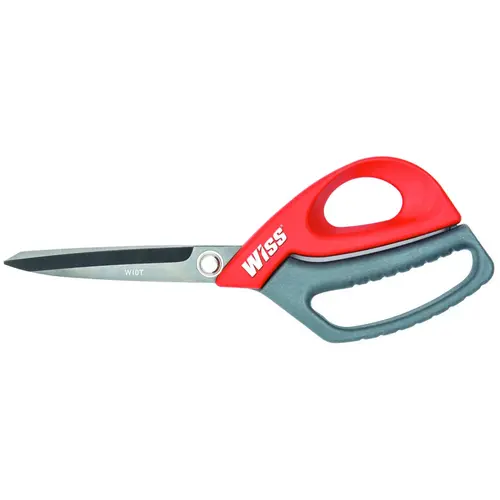 W10T All-Purpose Scissor, 10 in OAL, 4 in L Cut, Stainless Steel Blade, Ring Handle, Gray/Red Handle