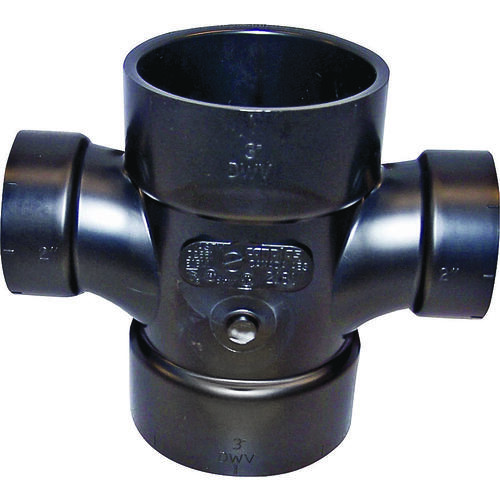 Reducing Double Sanitary Pipe Tee, 3 x 2 in, Hub, ABS, Black