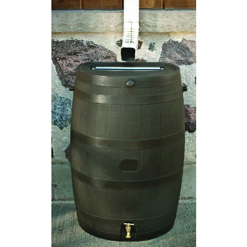 Rain Barrel, 50 gal Capacity, Plastic, Brown