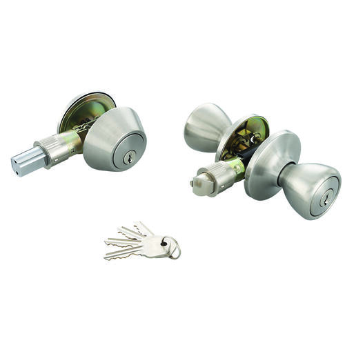 Mobile Home Deadbolt and Entry Lockset, 3 Grade, Tulip Handle, Keyed Alike Key, Stainless Steel - pack of 3
