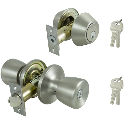 Deadbolt and Entry Lockset, 3 Grade, Tulip Handle, Keyed Alike Key, Stainless Steel, Stainless Steel - pack of 12