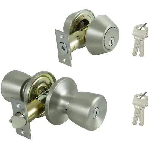 Deadbolt and Entry Lockset, 3 Grade, Tulip Handle, Keyed Alike Key, Stainless Steel, Stainless Steel - pack of 2