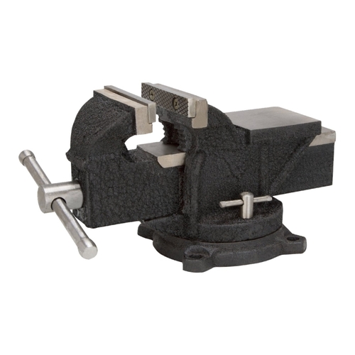 Bench Vise, 4 in Jaw Opening, 3/8 in W Jaw, 2.25 in D Throat, Cast Iron Steel, Serrated Jaw Black