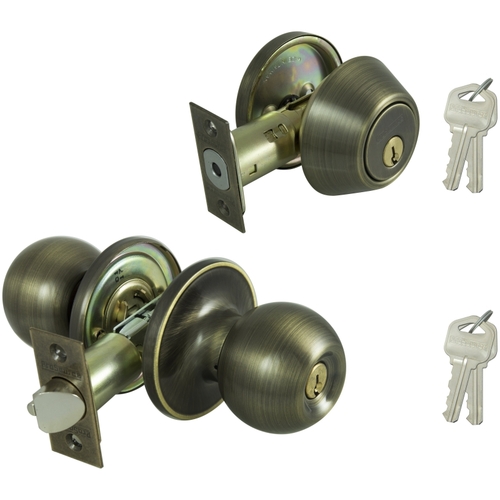 Deadbolt and Entry Lockset, 3 Grade, Saturn Handle, Keyed Alike Key, Brass, Antique Brass